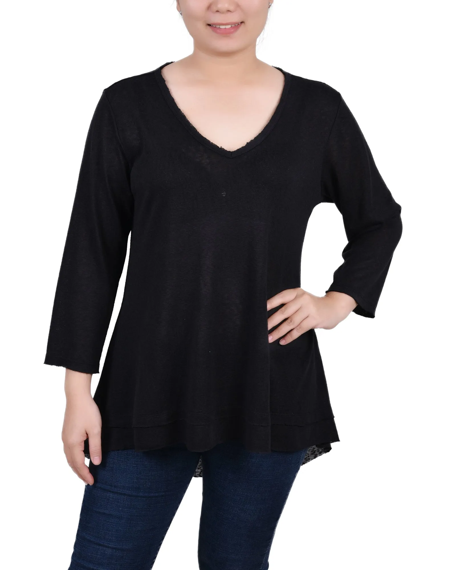 BreathableMeshPanel RollUpSleeves Petite 3/4 Sleeve V Neck Top