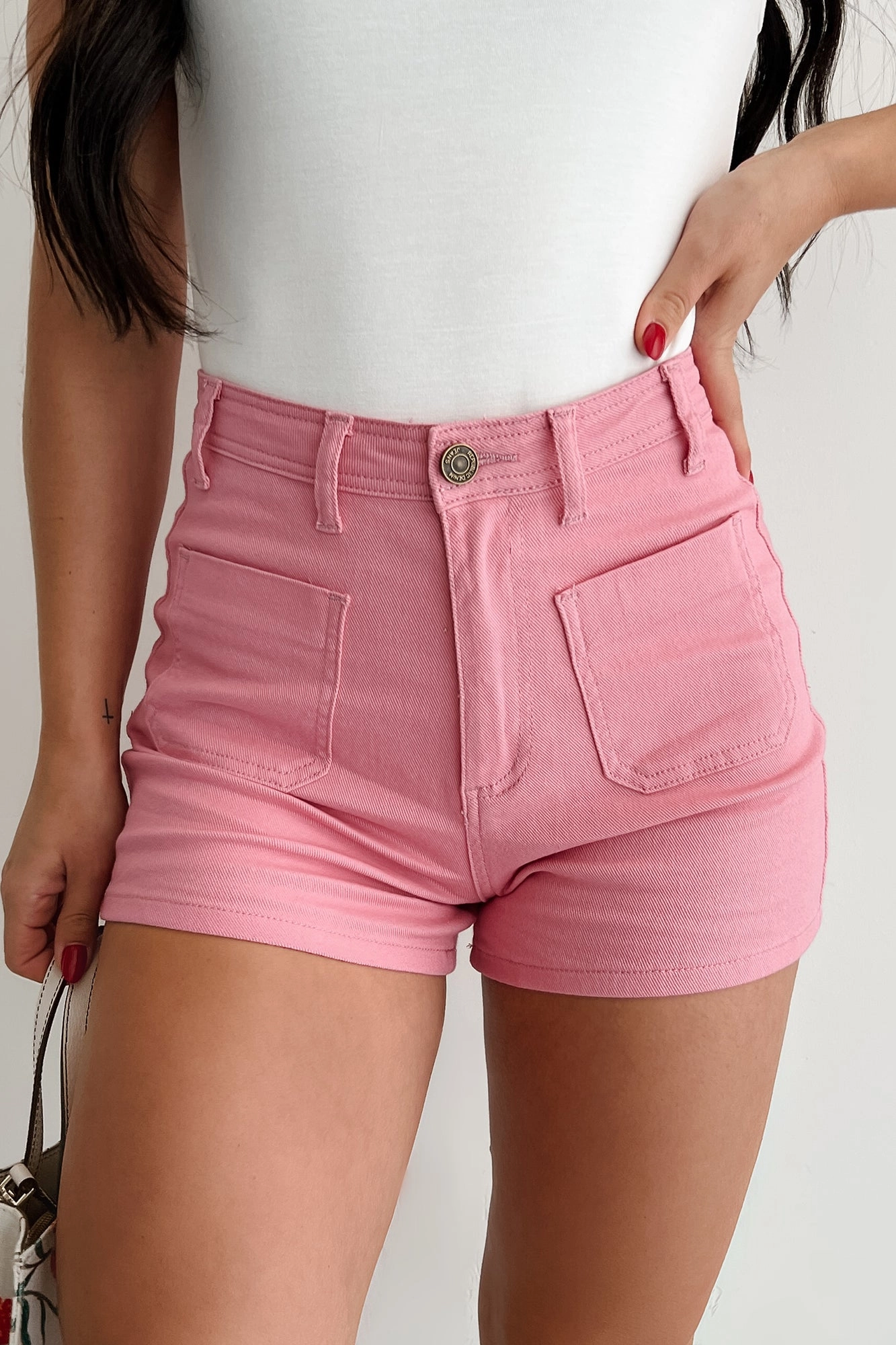 Just This Once High Rise Denim Shorts (Pink) PuckerFree Surface