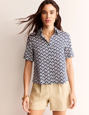 Hazel Short Sleeve Linen Shirt-Navy, Geo Terrace Ultra Soft Texture