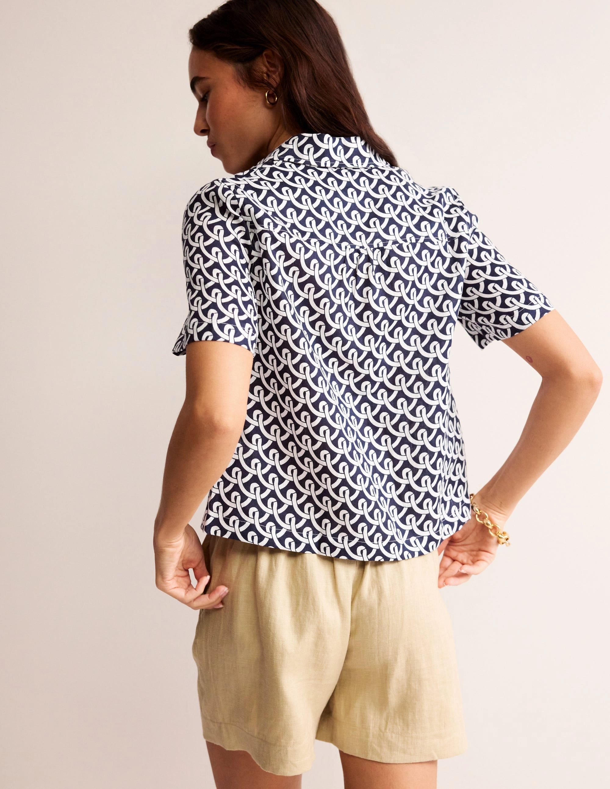 Hazel Short Sleeve Linen Shirt-Navy, Geo Terrace Multi Panel Cut Tagless Neckline