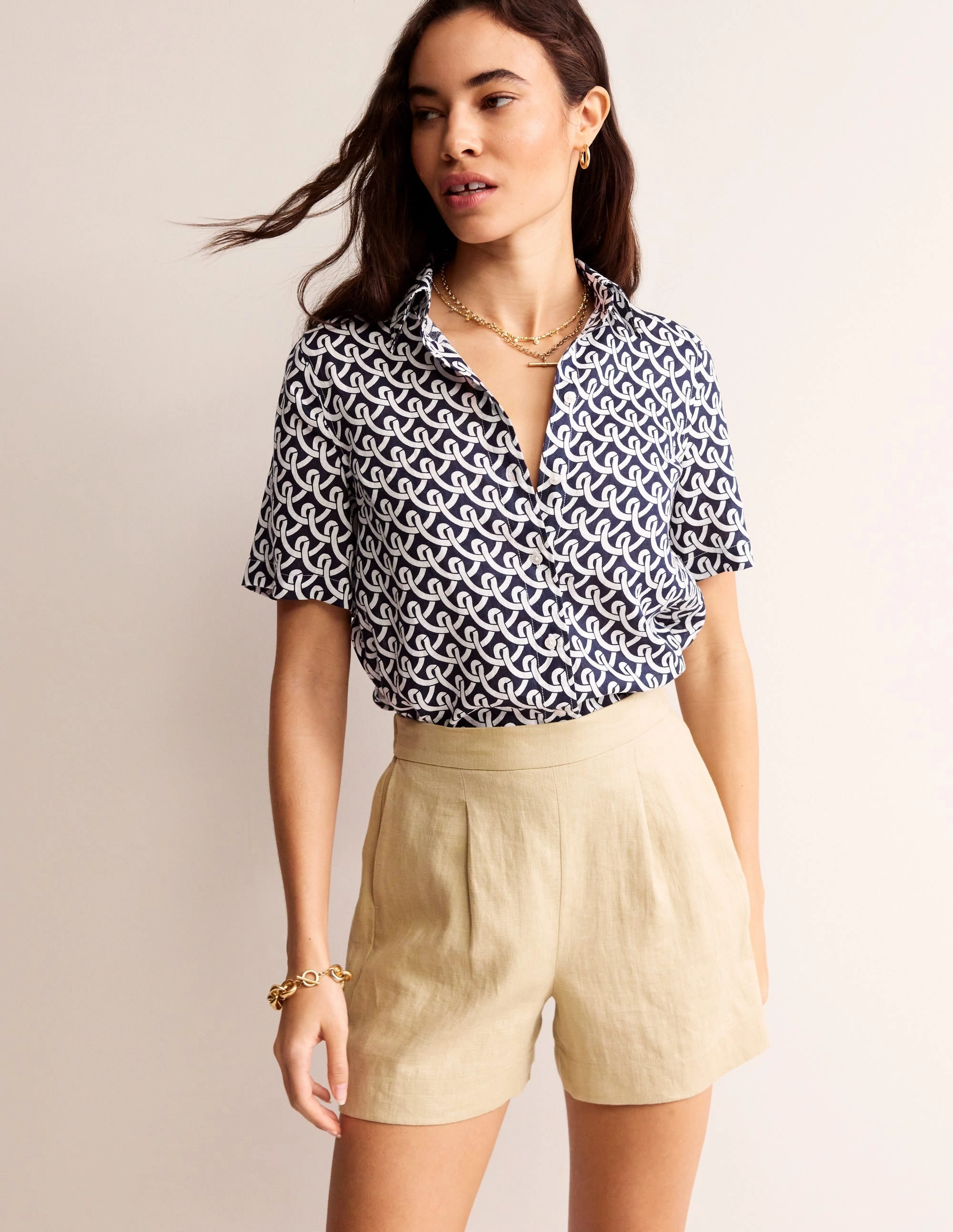 DoubleLayeredShoulders Laser Cut Edges Hazel Short Sleeve Linen Shirt-Navy, Geo Terrace