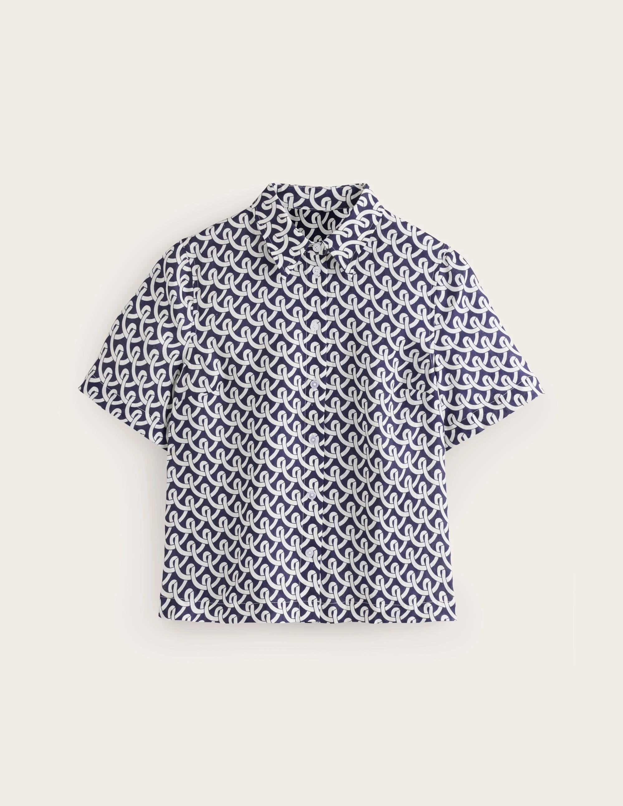 Reinforced Shoulder Multi Panel Design Hazel Short Sleeve Linen Shirt-Navy, Geo Terrace