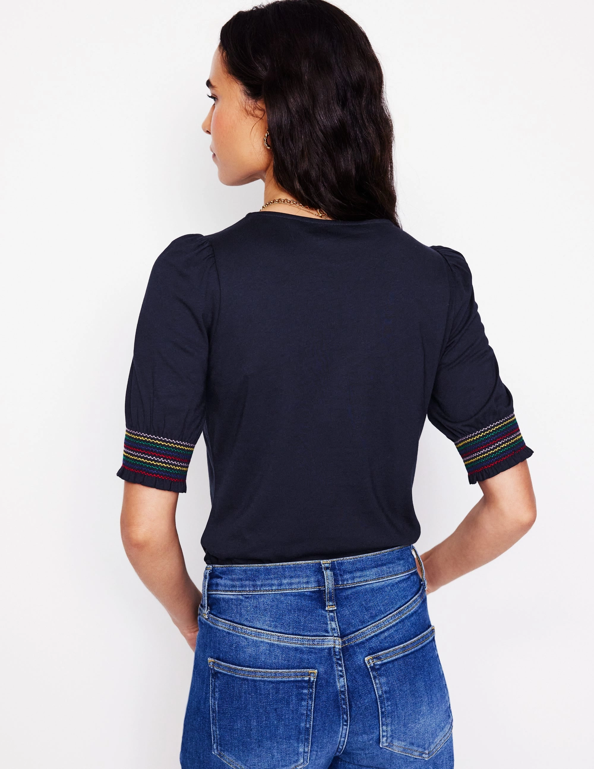 Cotton Smocked Cuff Top-Navy Ergonomic Shoulder Cut ReinforcedShoulderConstruction