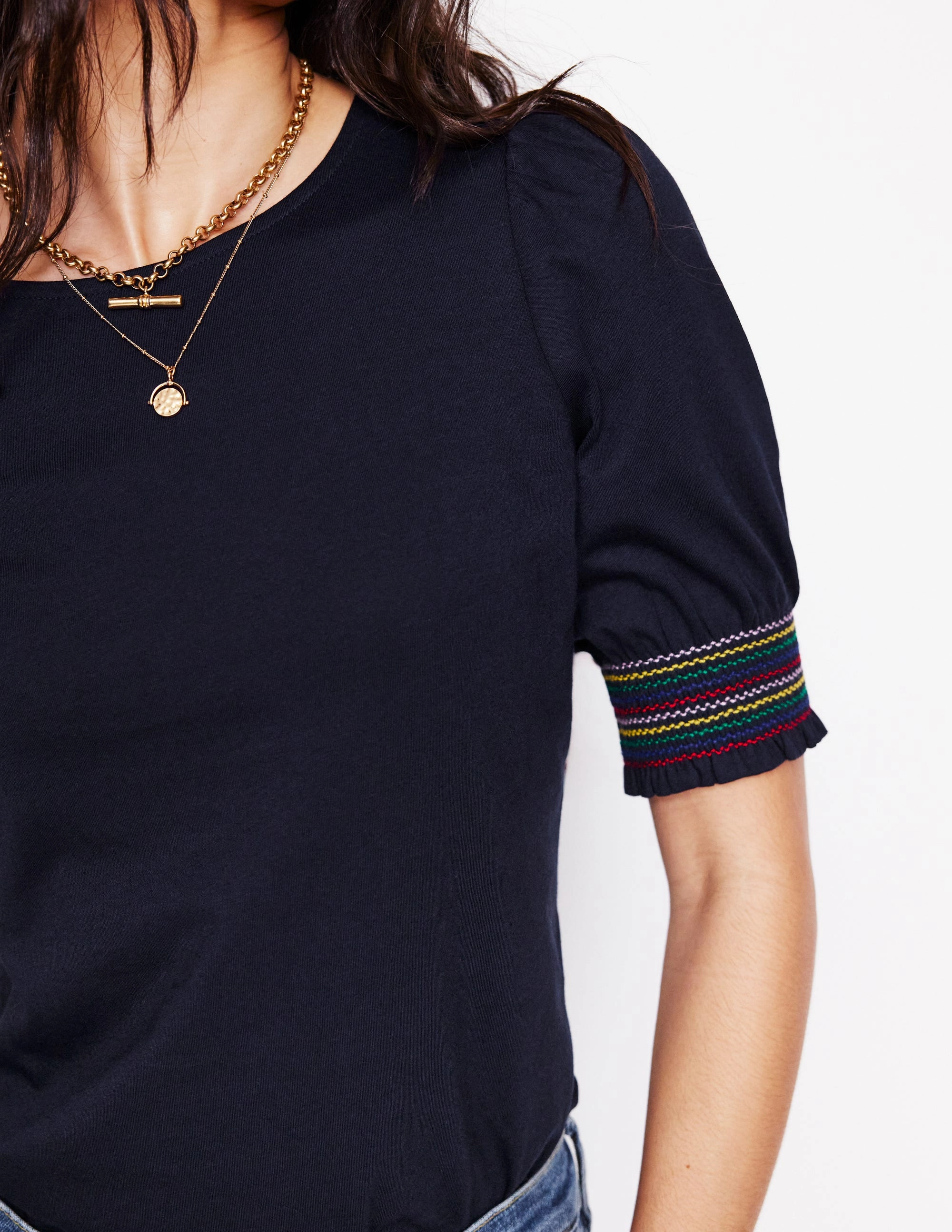 Cotton Smocked Cuff Top-Navy TwillWeave AthleisureInspired