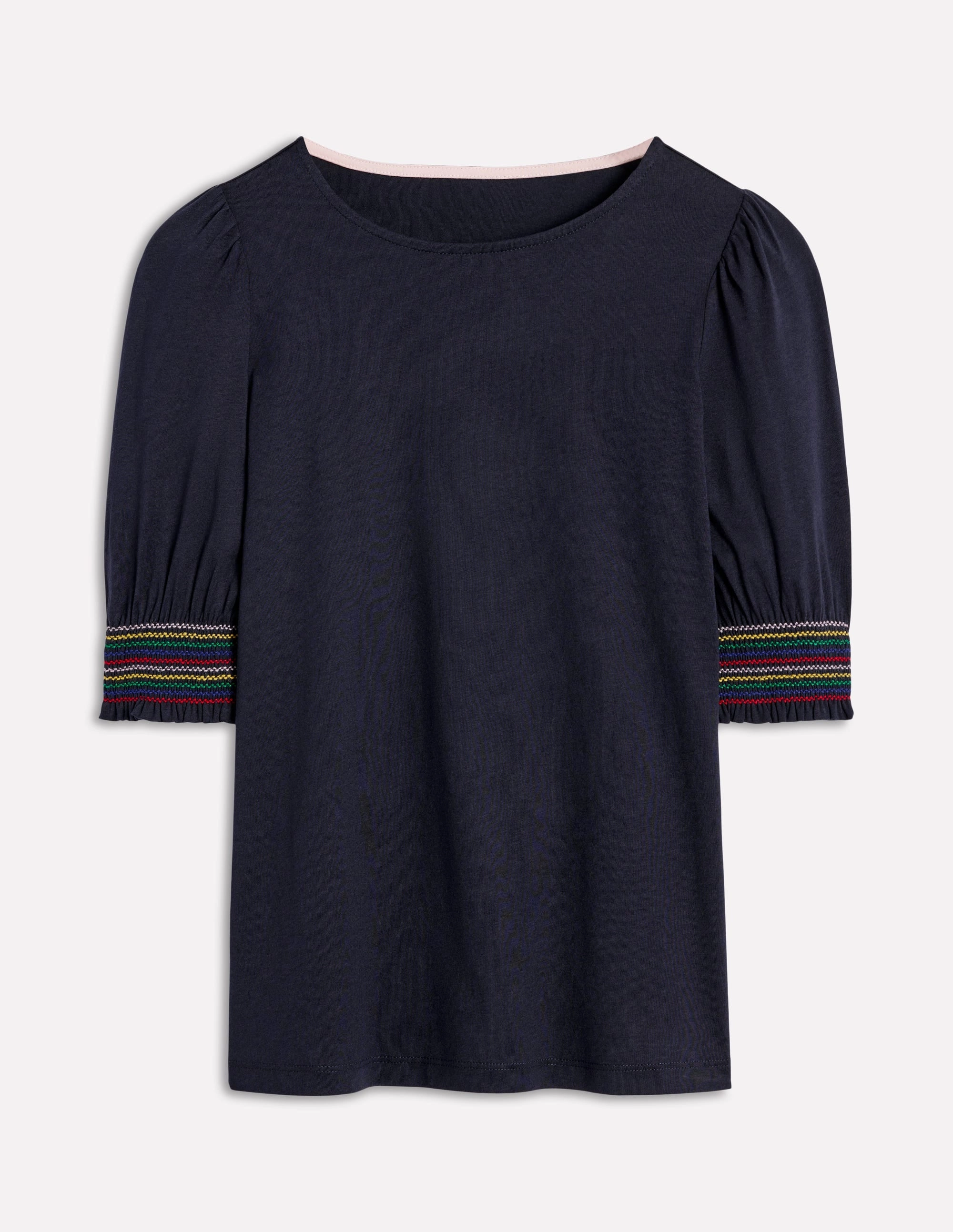BrushedInnerLining Flatlock Seam Design Cotton Smocked Cuff Top-Navy