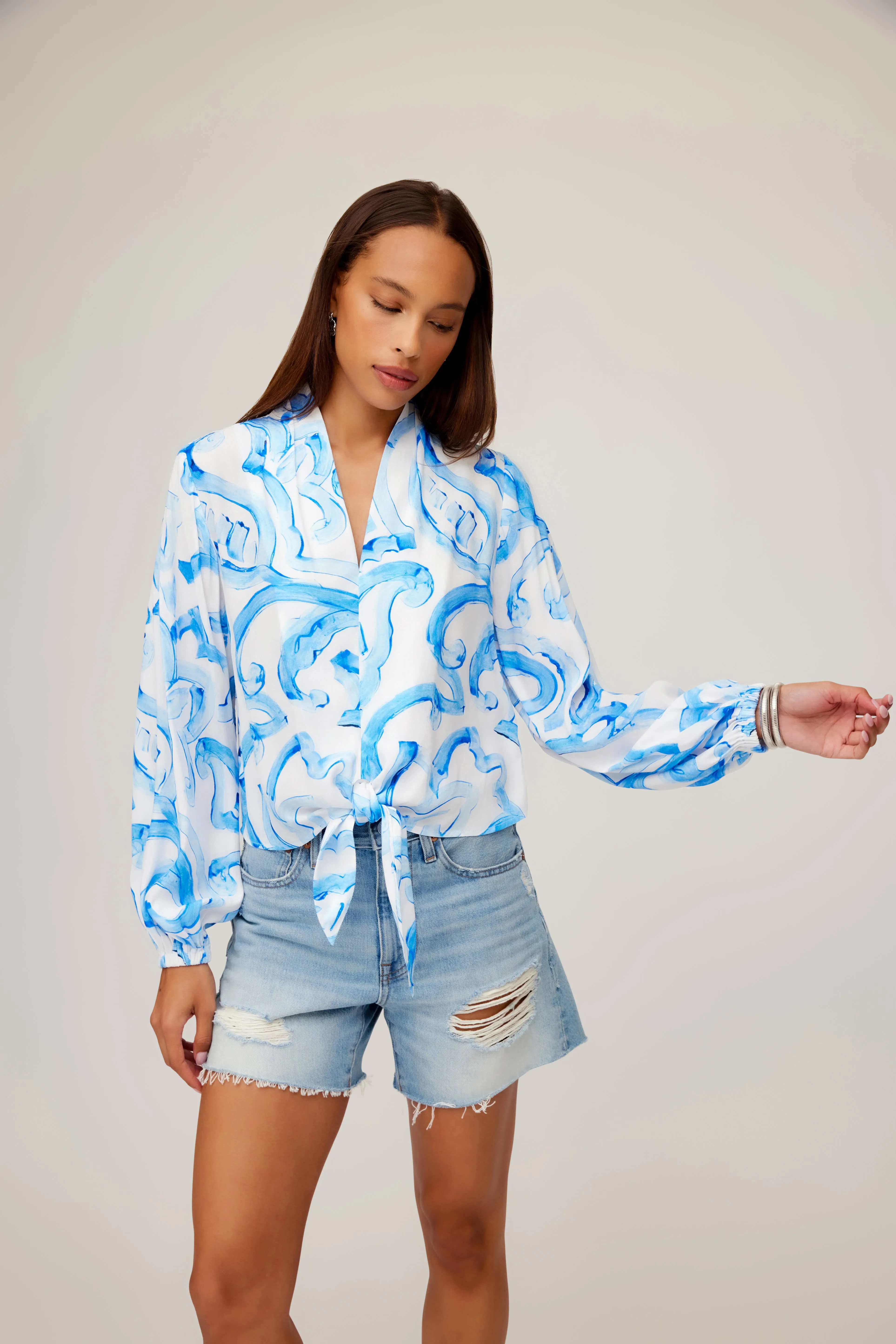 Scarlet Tie Front Top Painted Paisley ConvertibleStyle Comfy Fit