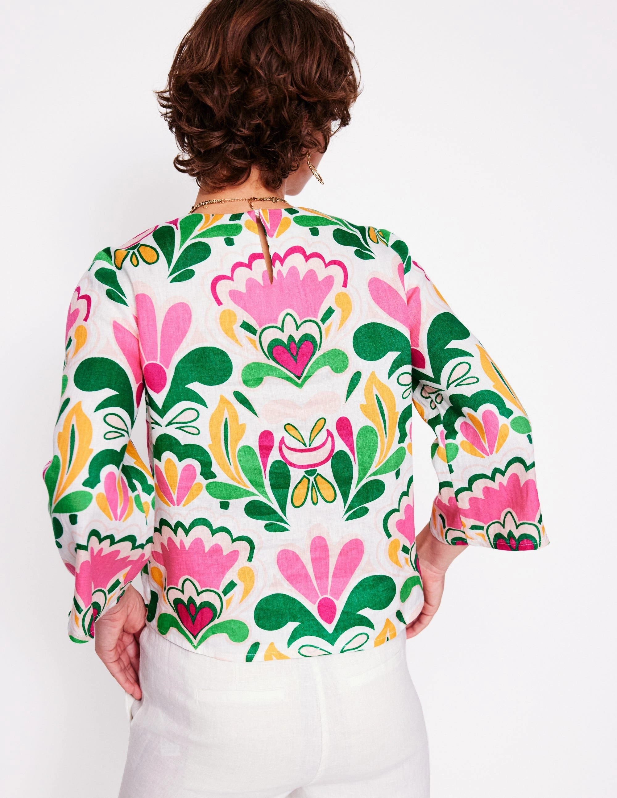 Fluted Sleeve Linen Top-Multi, Freesia Stamp Biodegradable Fiber Long Sleeve Tee