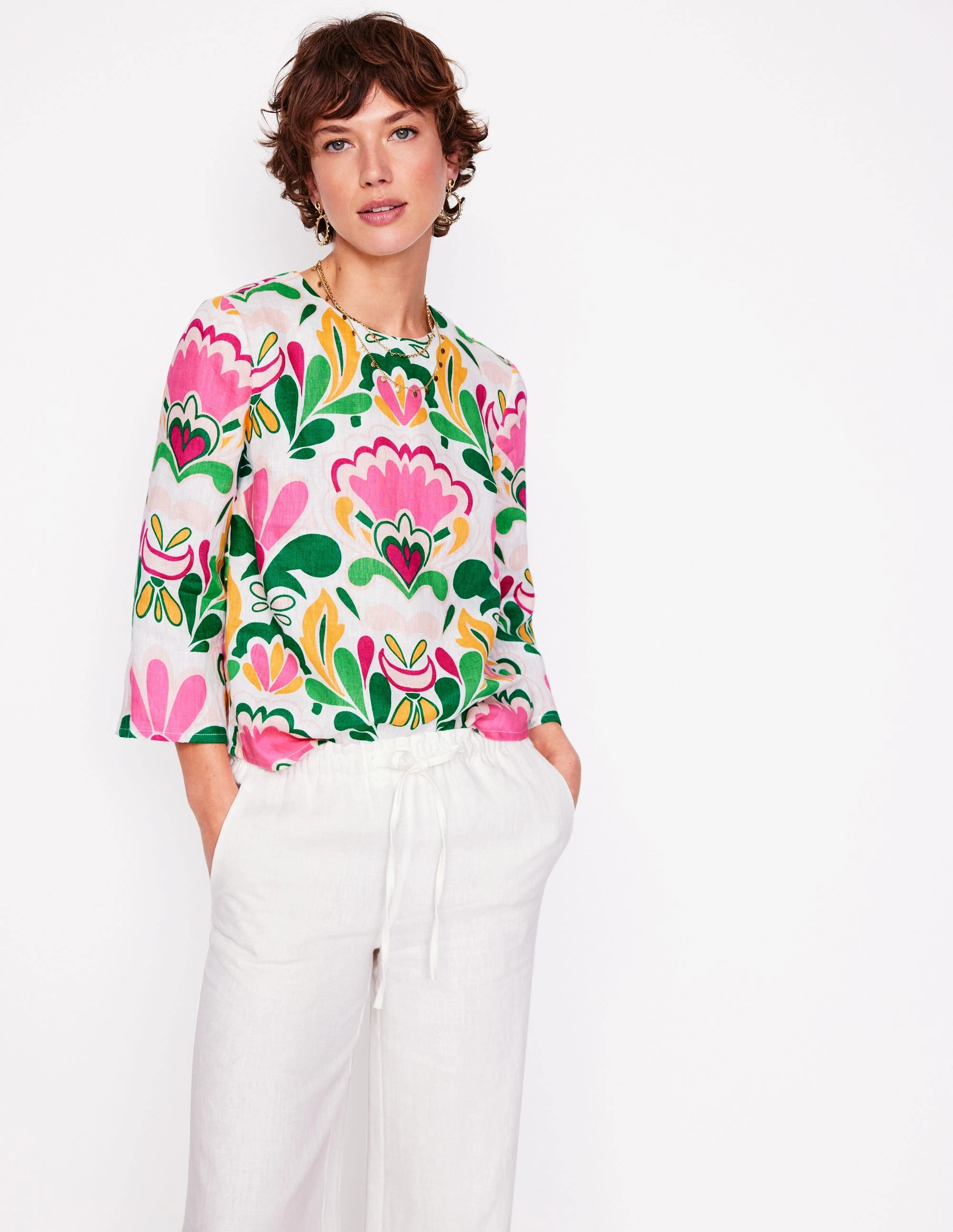 Fluted Sleeve Linen Top-Multi, Freesia Stamp NonScratchSurface Lightweight pullover