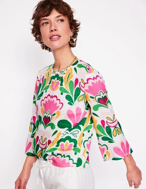 Stretchable Waistband DropShoulder Fluted Sleeve Linen Top-Multi, Freesia Stamp