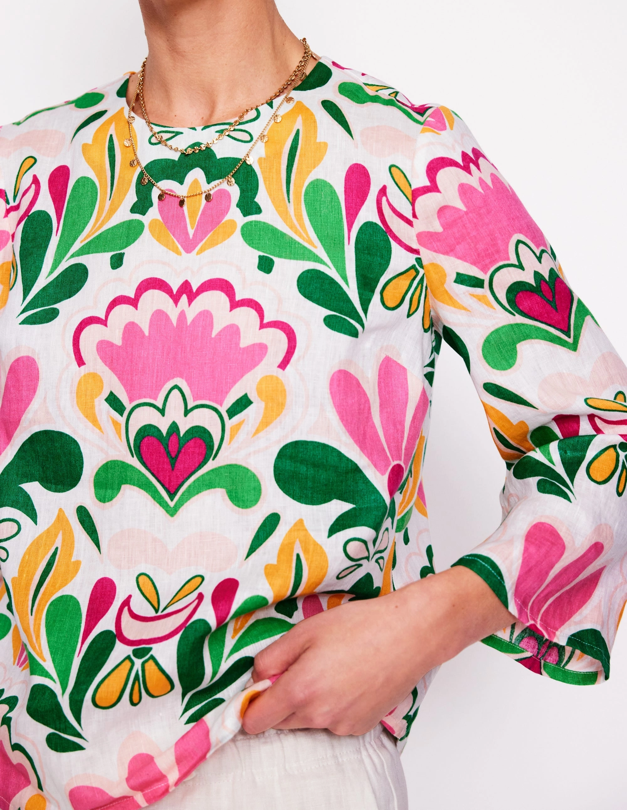 CompressionSupportWeave Fluted Sleeve Linen Top-Multi, Freesia Stamp