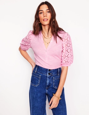 TearResistantWeave RubberizedGrip Eden Puff Sleeve Henley Top-Soft Pink