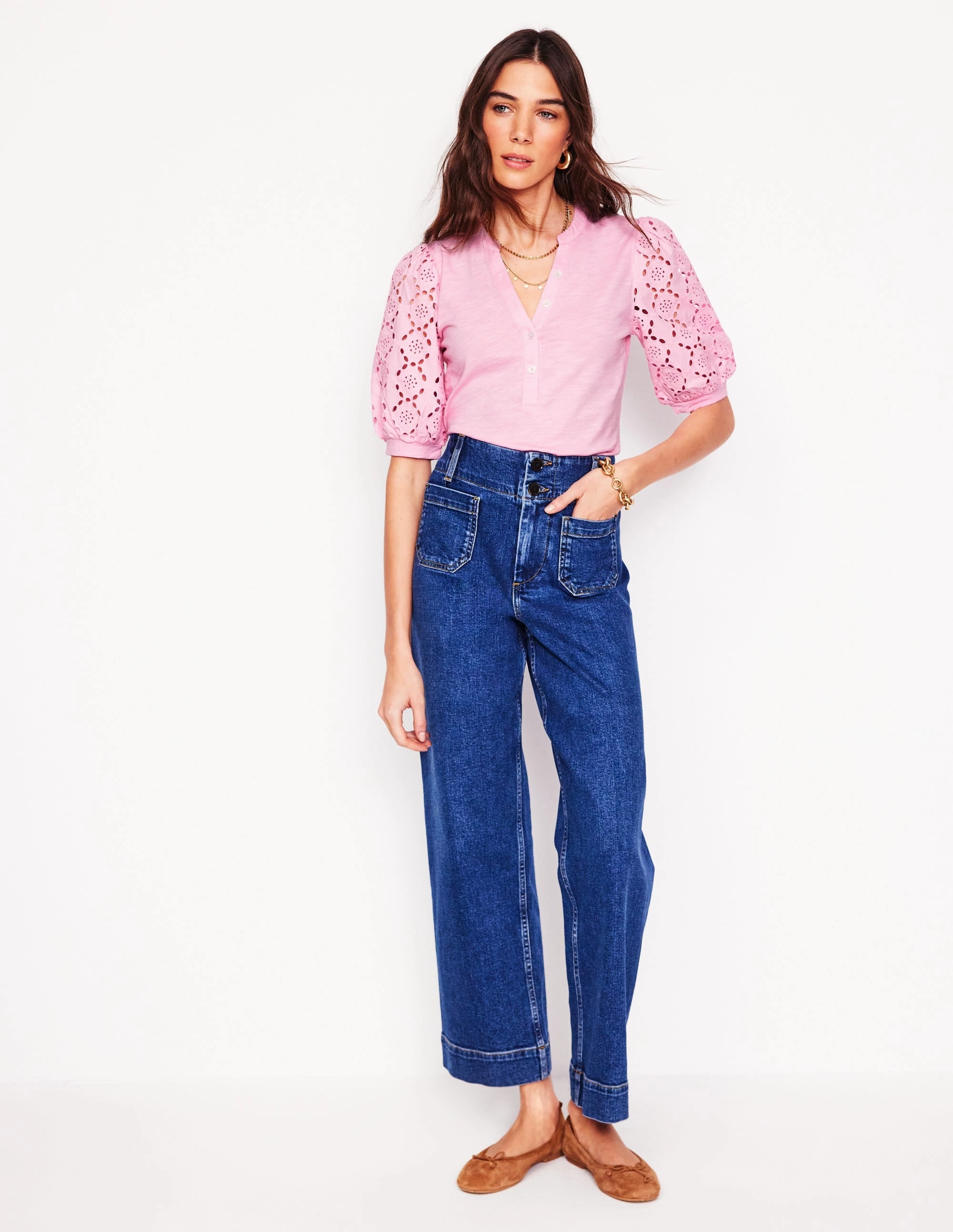 LightweightTexture Eden Puff Sleeve Henley Top-Soft Pink