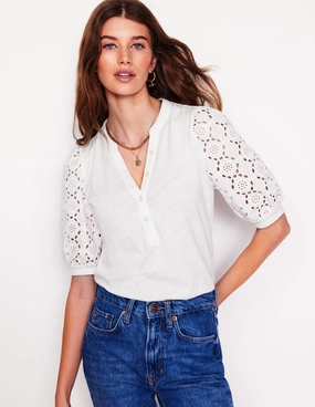 Eden Puff Sleeve Henley Top-White Soft Wool