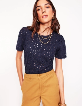 Edi Embroidered Top-Navy DoubleStitchedHem