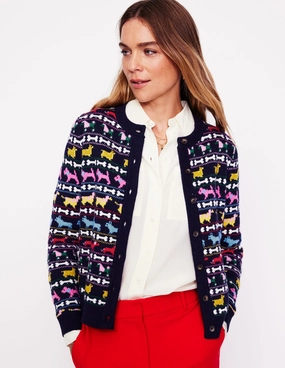 Edie Fair Isle Cardigan-Navy, Dogs Hooded Knit Variation