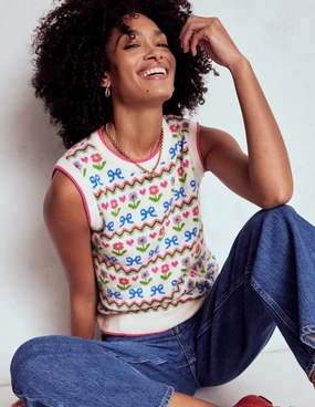 Multi Directional Stretch Edie Fair Isle Tank-Oatmeal Melange, Flowers