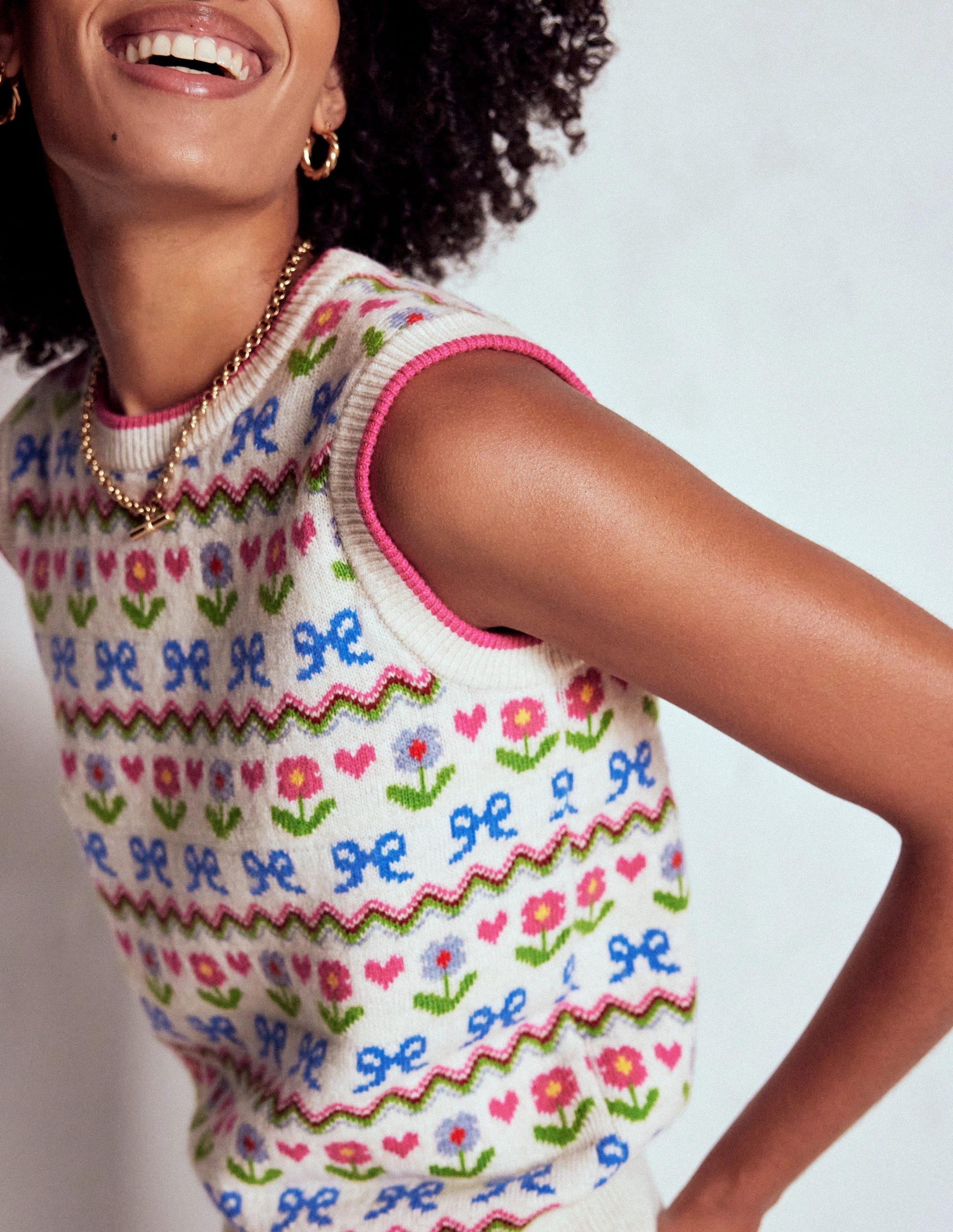 Edie Fair Isle Tank-Oatmeal Melange, Flowers Unisex Appeal Relaxed Warmth