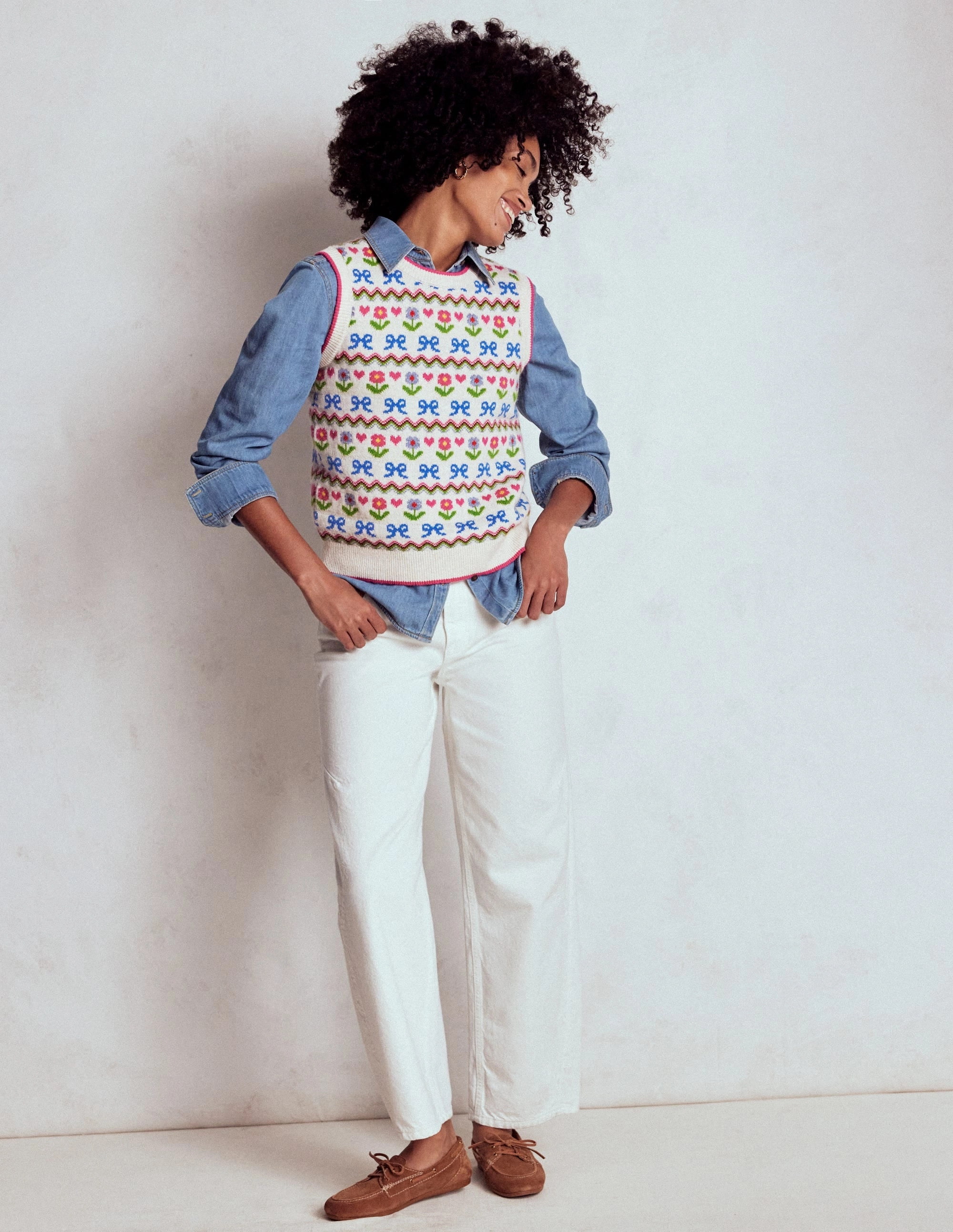 All Day Comfort Light Drape Edie Fair Isle Tank-Oatmeal Melange, Flowers