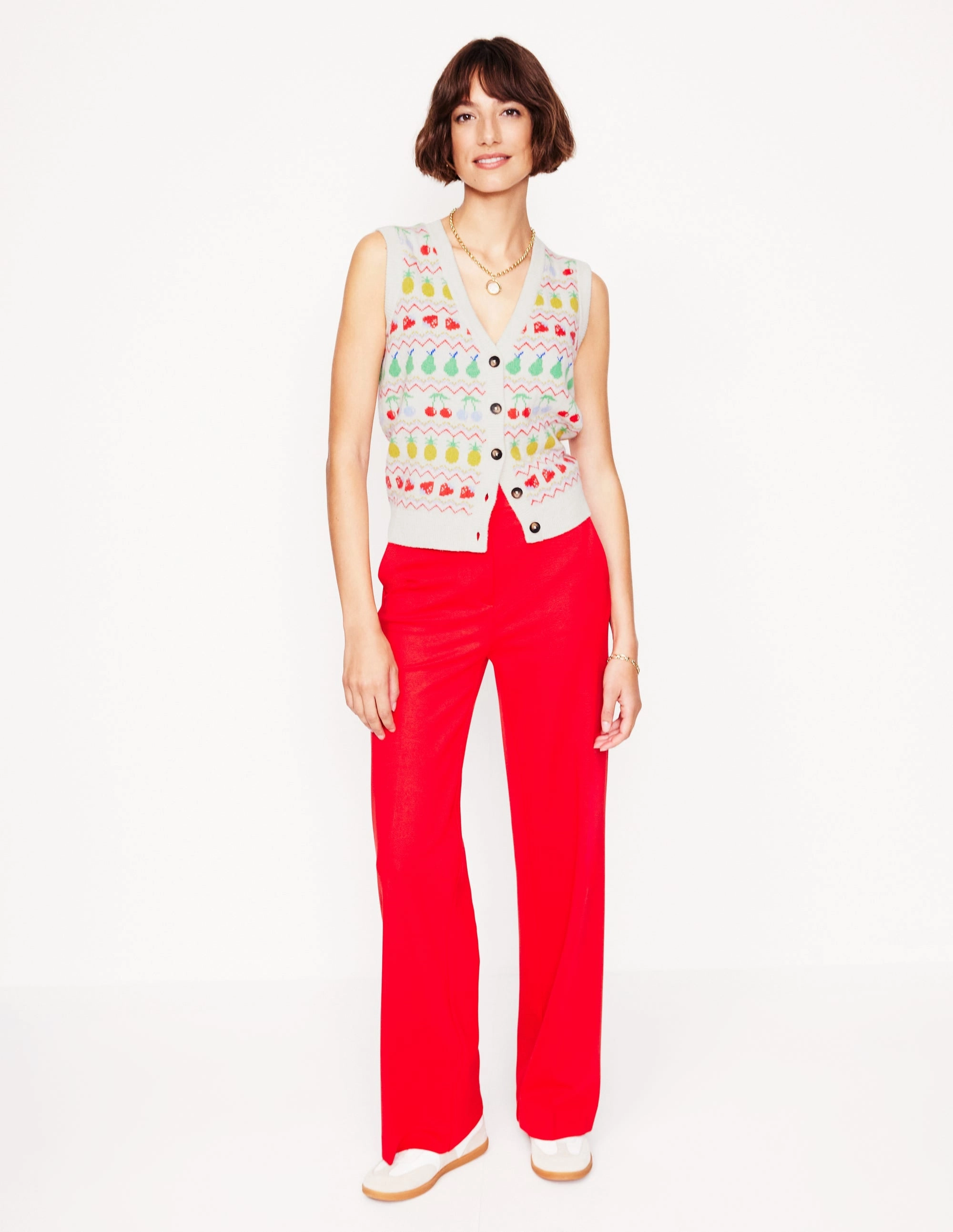Edie Fair Isle Waistcoat-Ecru Marl, Fruit Smooth Seam Lightweight Open Weave