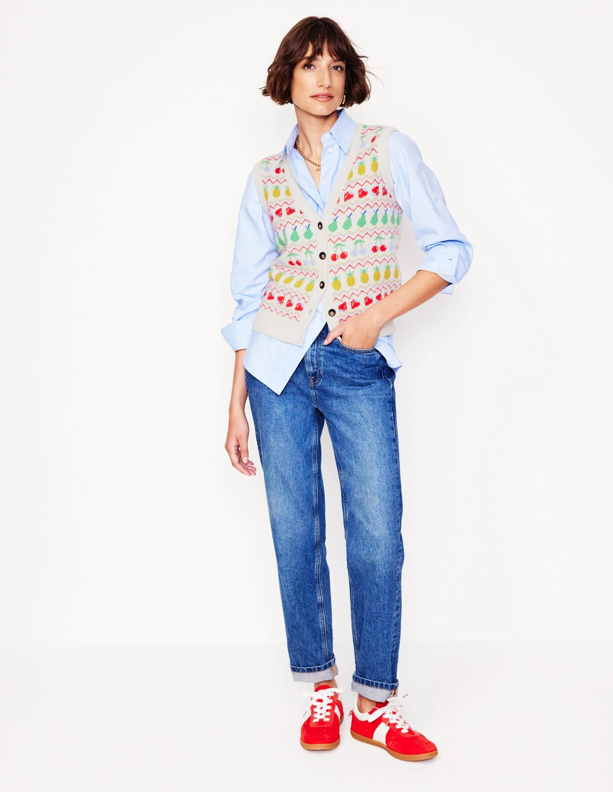 Edie Fair Isle Waistcoat-Ecru Marl, Fruit Airy Feel Lightweight Knit