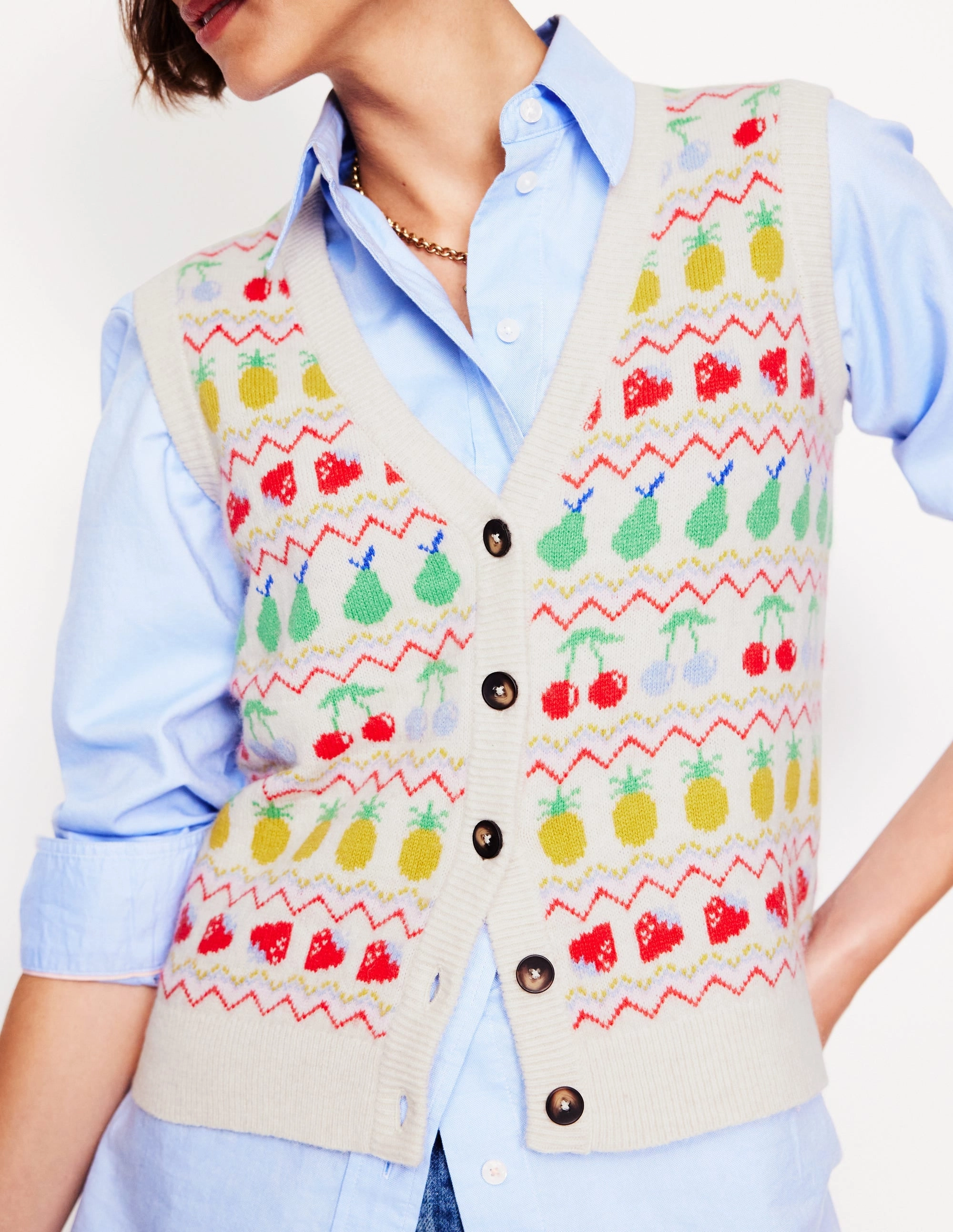Anti Pilling Wrinkle Recovery Fabric Edie Fair Isle Waistcoat-Ecru Marl, Fruit
