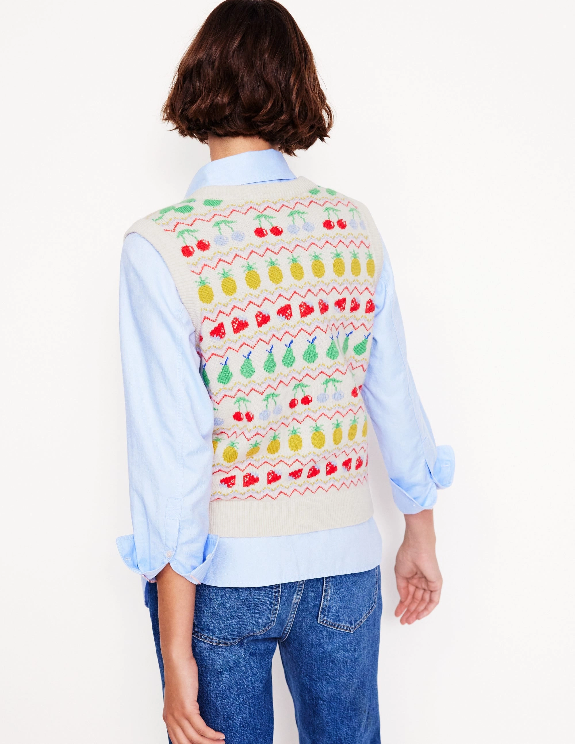 Drop Shoulder Cut Edie Fair Isle Waistcoat-Ecru Marl, Fruit