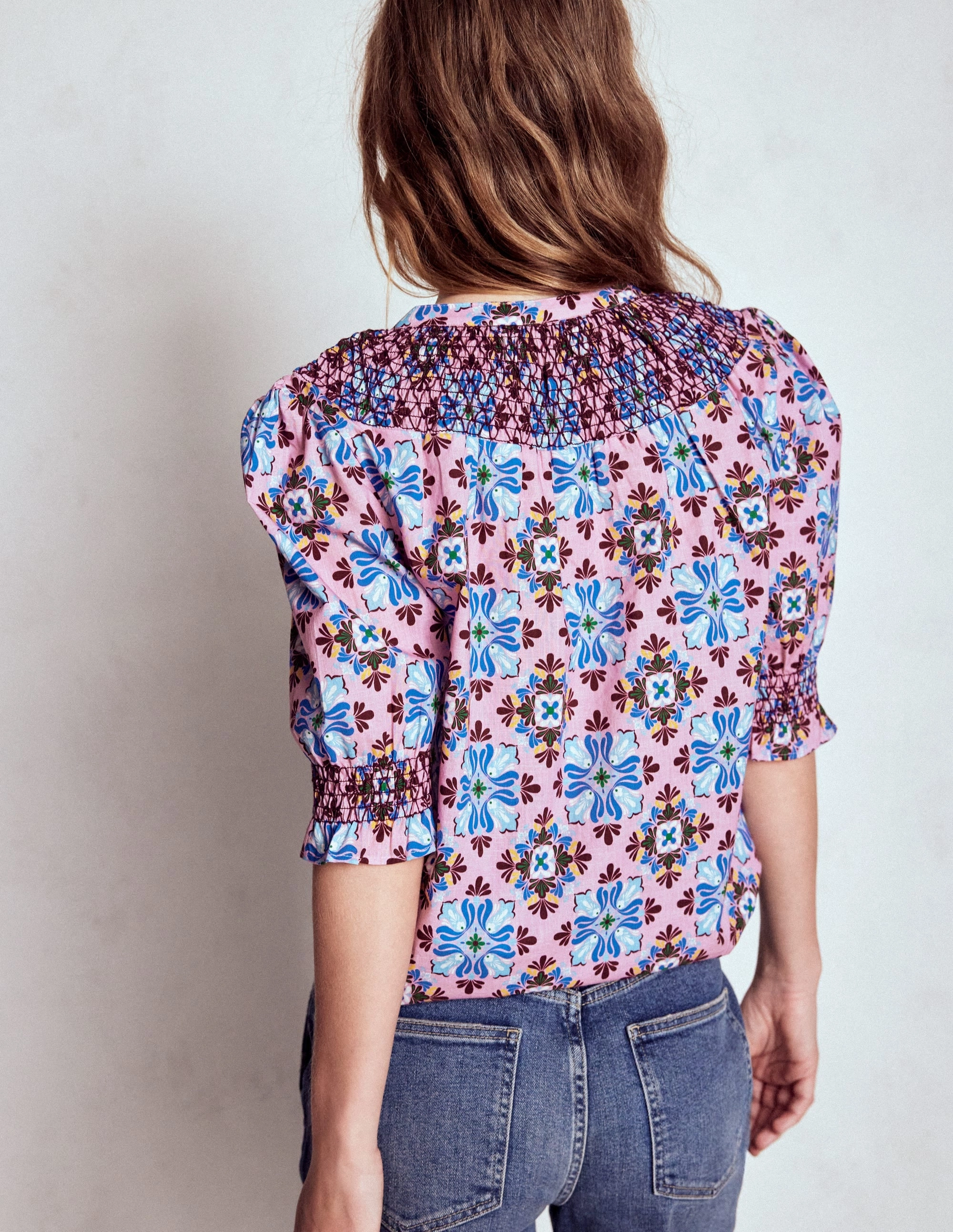 Compact Stitching ContrastPlacket Effie Short Sleeve Top-Formica Pink, Bloom Mosaic