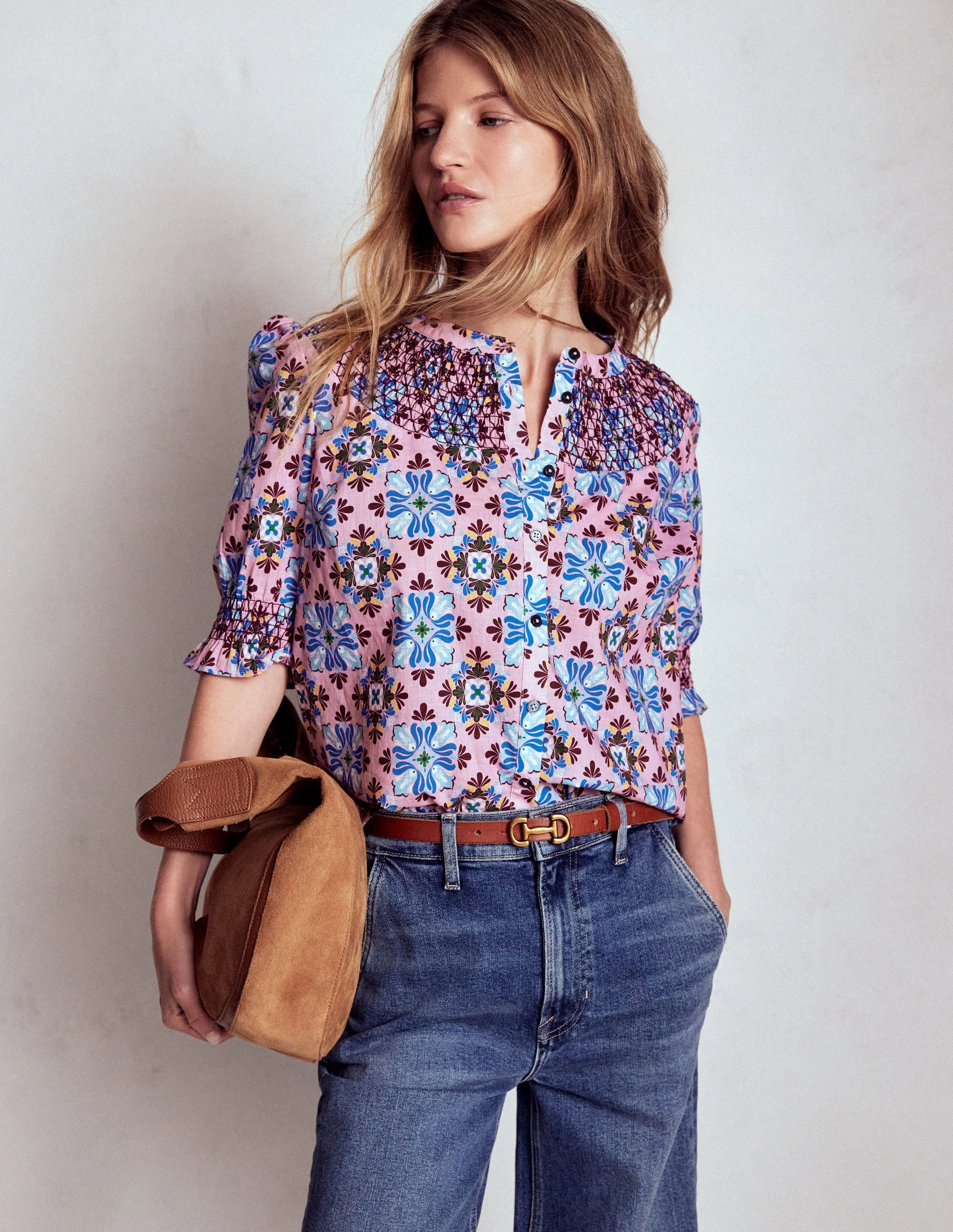 Effie Short Sleeve Top-Formica Pink, Bloom Mosaic Light Deflection Fabric BioBased Fiber