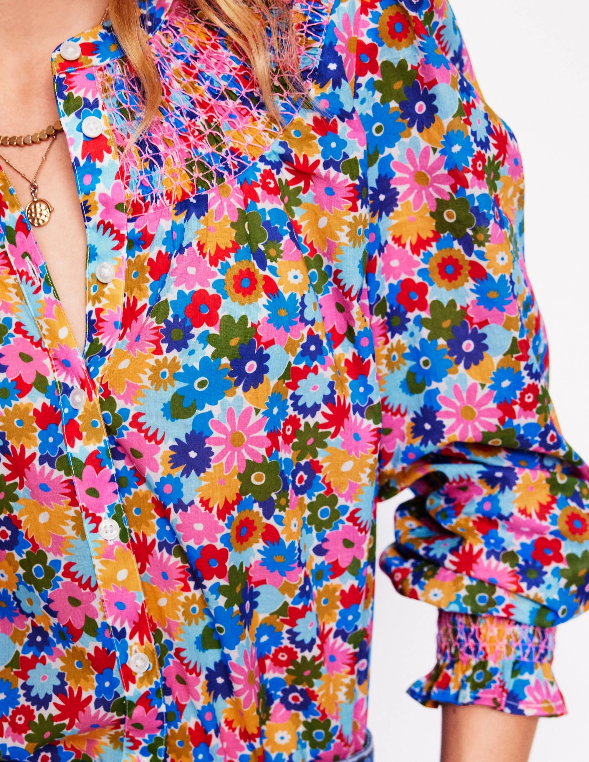 Effie Smocked Blouse-Multi, Paintbox Ditsy Bound Edges