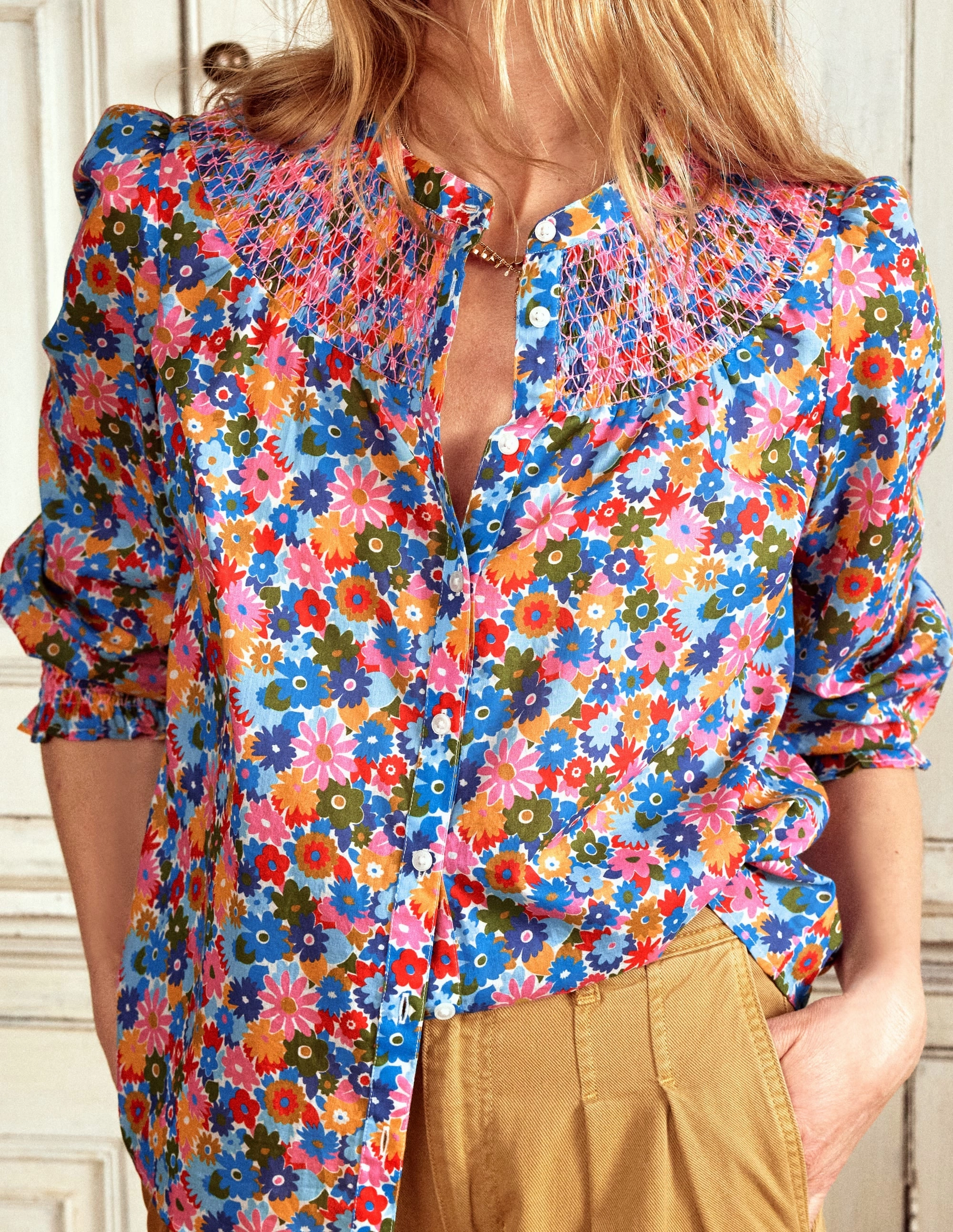 Effie Smocked Blouse-Multi, Paintbox Ditsy EcoFriendlyTexture ConvertibleCollarSystem