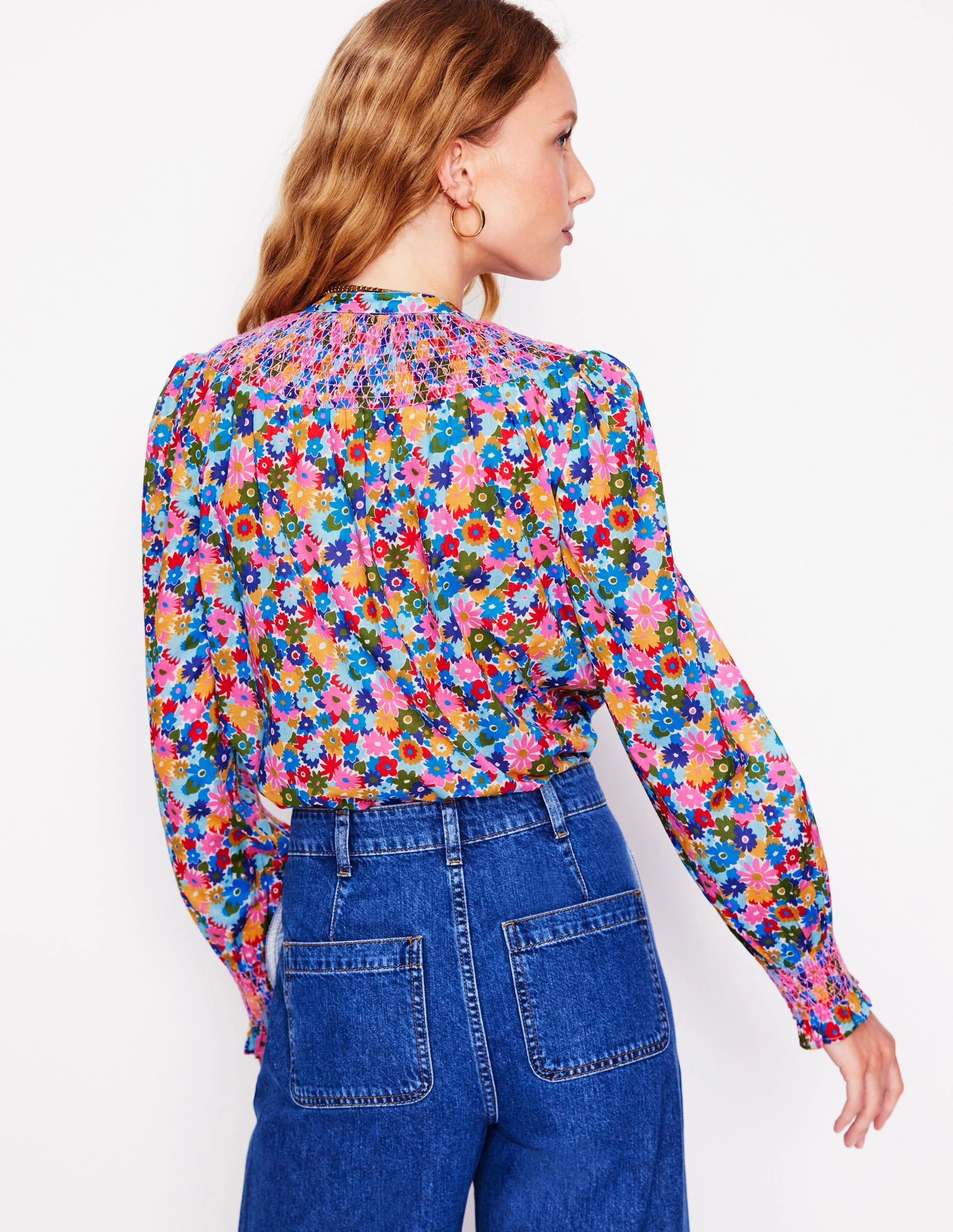 Effie Smocked Blouse-Multi, Paintbox Ditsy Sheer Overlay Material