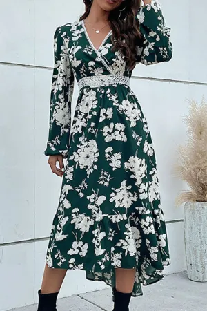 FLORAL PATTERN V NECK ELEGANT DRESS Easy-to-style casual dress