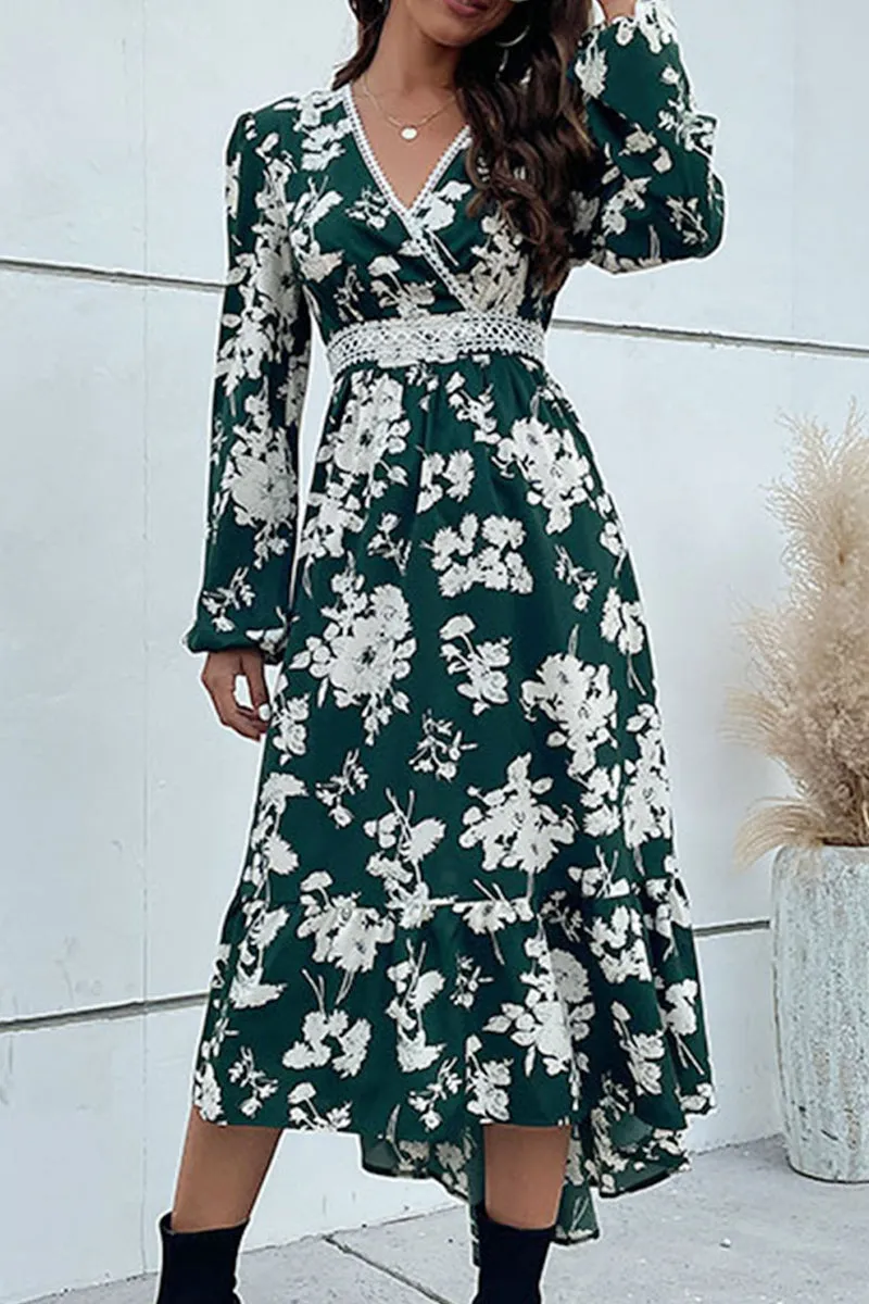 FLORAL PATTERN V NECK ELEGANT DRESS Easy-to-style casual dress