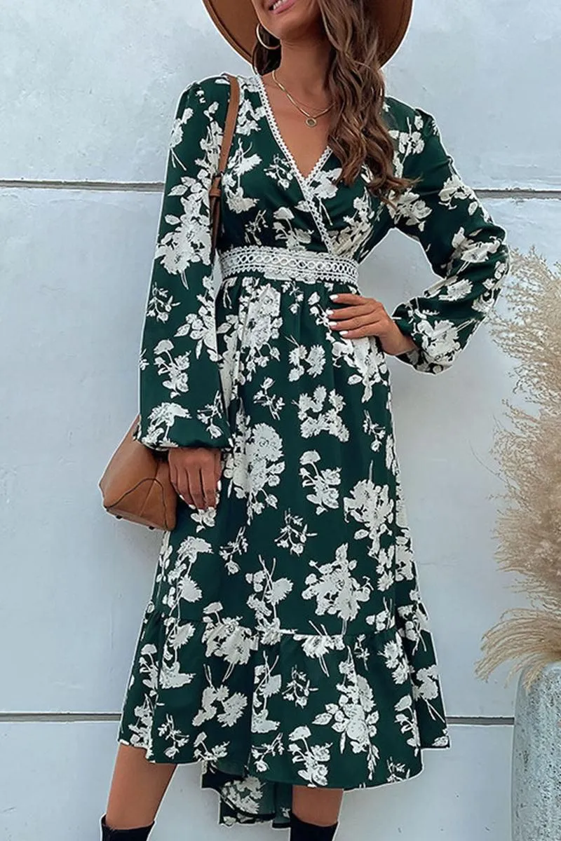 FLORAL PATTERN V NECK ELEGANT DRESS Luxurious Texture