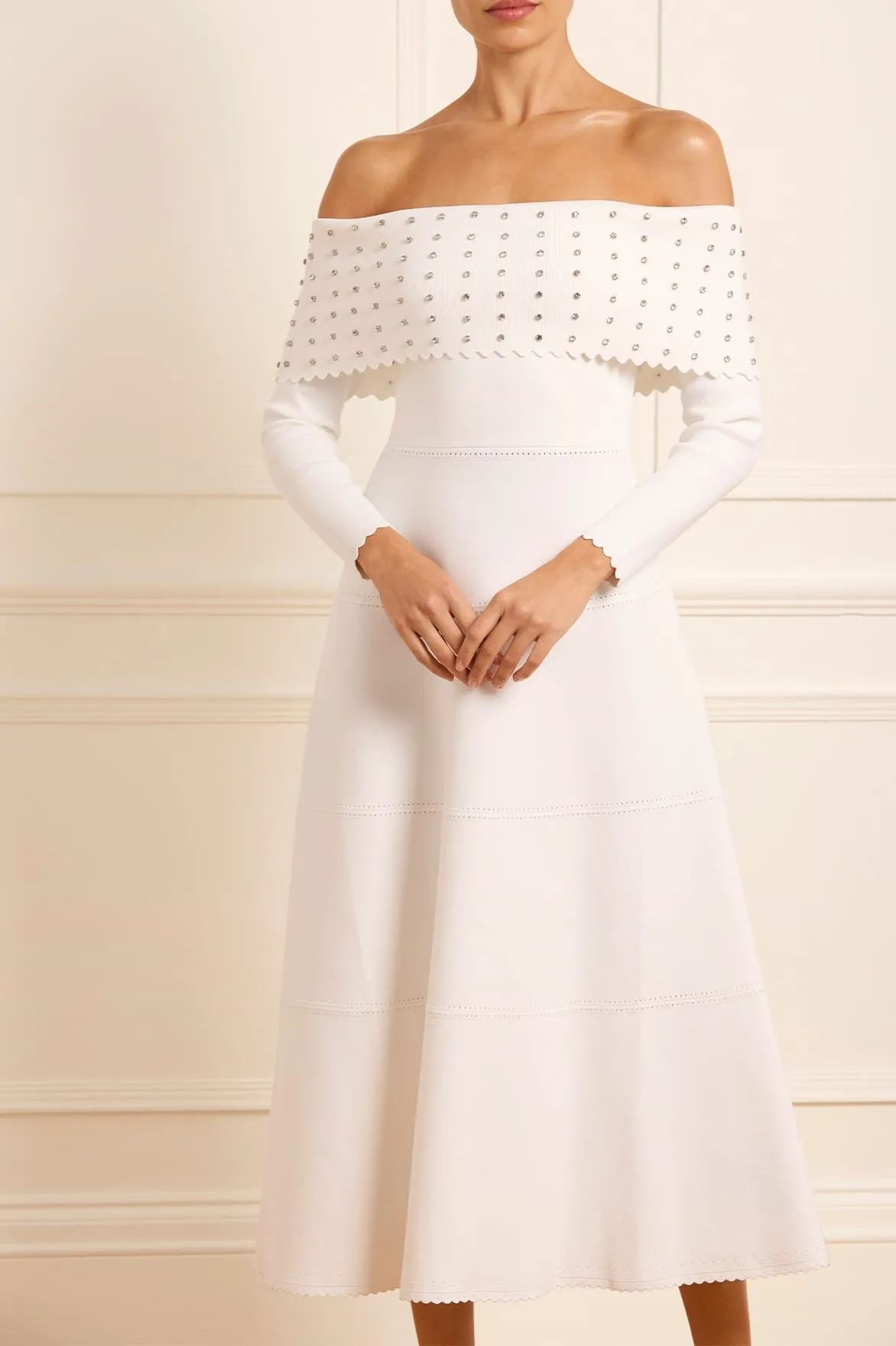 Embellished Bardot Knit Gown Warm-Layer Vintage Style