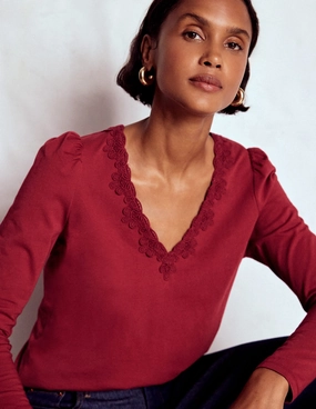 LowImpact Manufacturing Wrinkle Resistant Finish Flora Lace V-neck Top-Burgundy Red