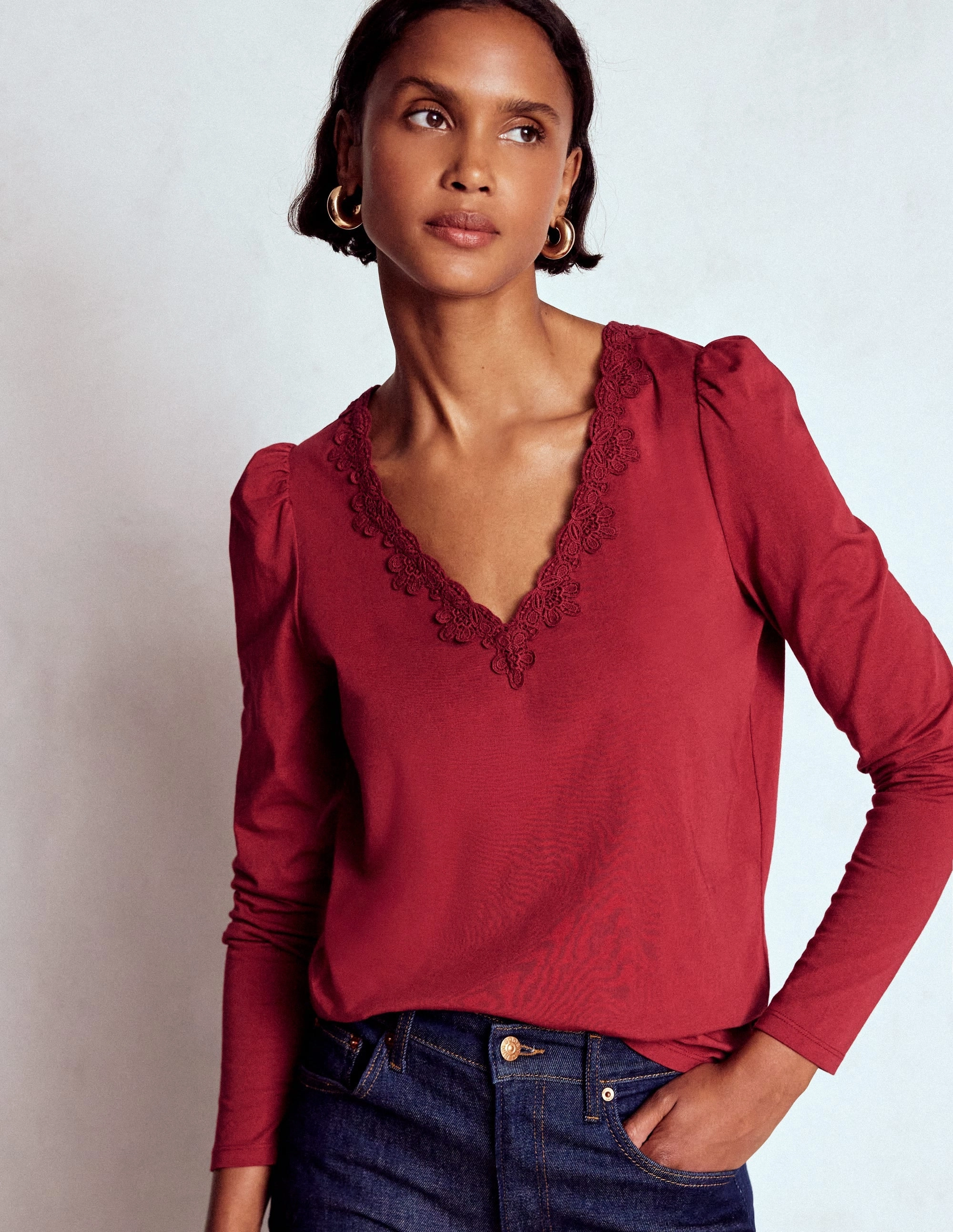 Reinforced Hems Flora Lace V-neck Top-Burgundy Red