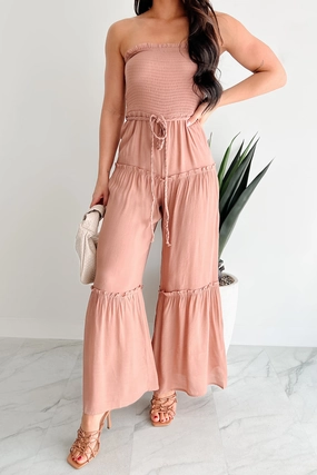 Work Favorite Glam Goddess Strapless Smocked Jumpsuit (Clay)