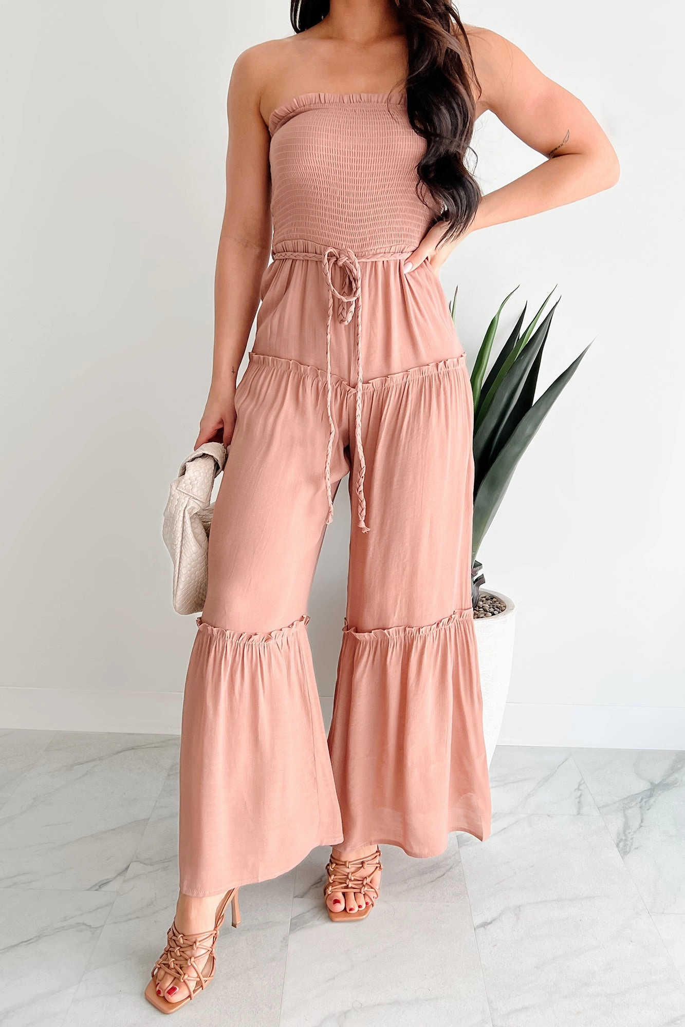Chic Direction Formal Look Glam Goddess Strapless Smocked Jumpsuit (Clay)