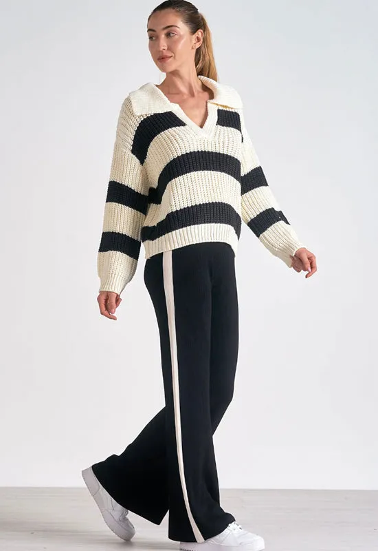 Elan - V-Neck Collared Sweater Black White Stripe