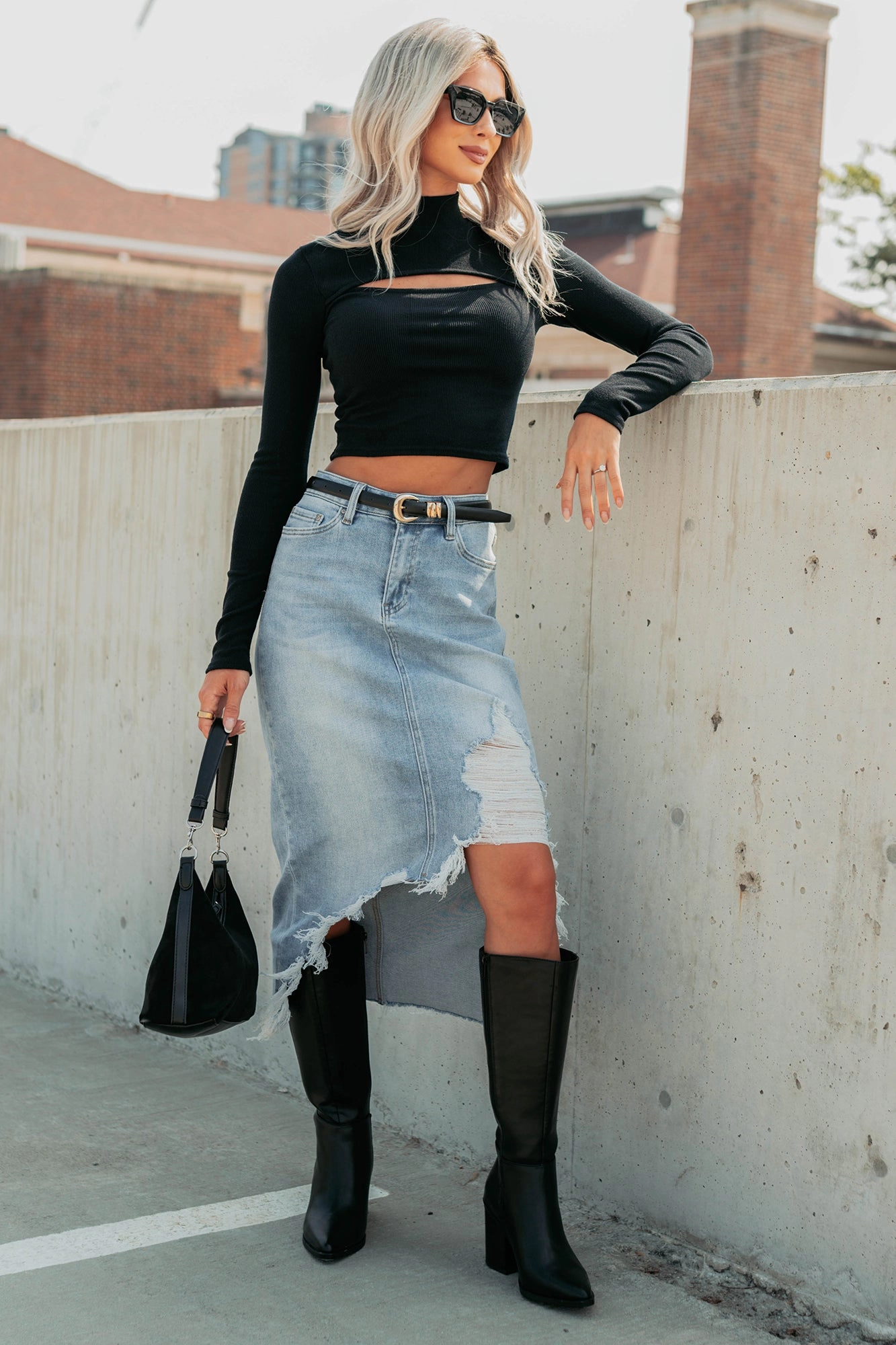 Fearless Energy Distressed Midi Skirt (Wild Blue) Moisture Control Lining