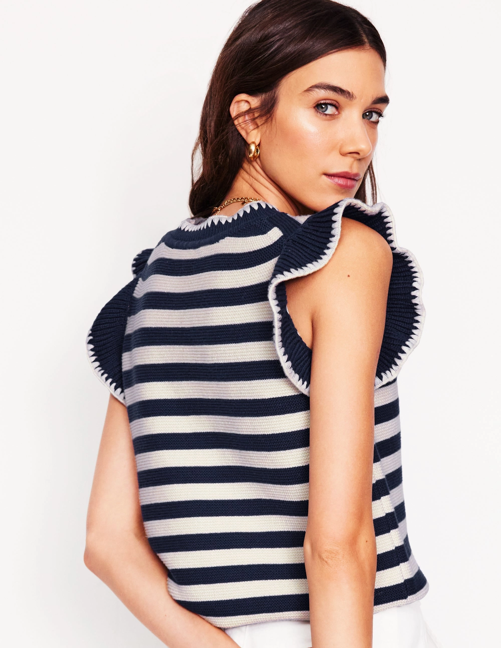Minimalist Stitching Lena Stitch Detail Tank-Navy and Ivory Stripe