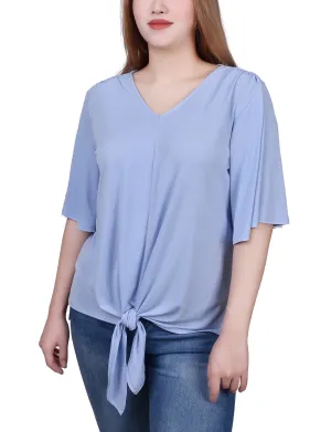 Elbow Sleeve Tie-Front Top FlatlockSeams
