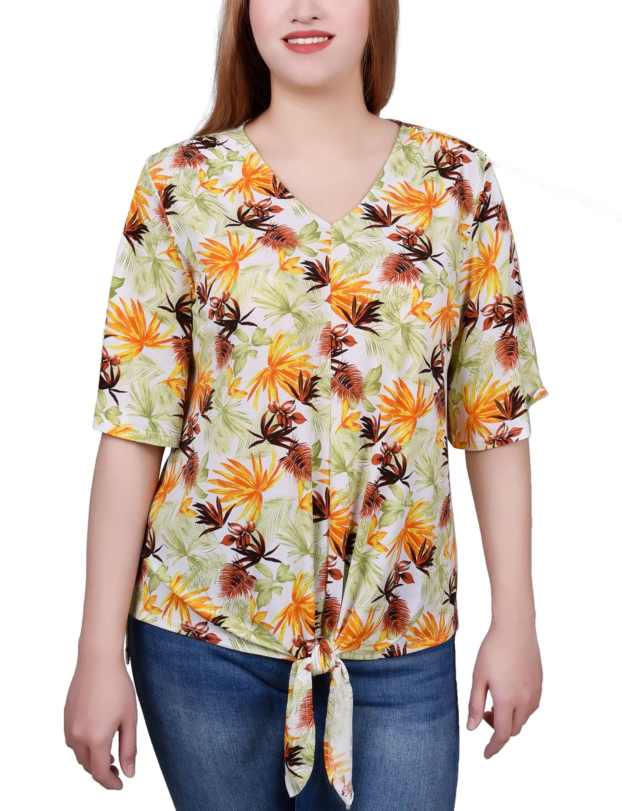 Reflective Trim Elbow Sleeve Tie-Front Top