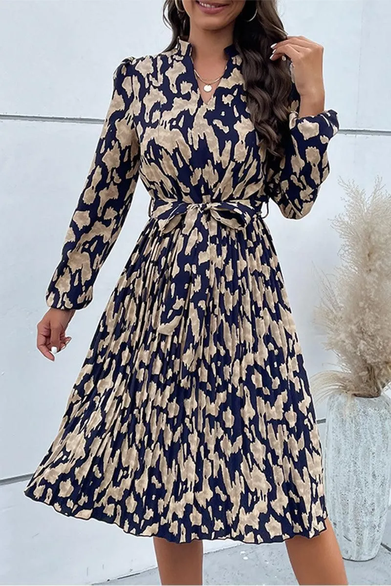 ELEGANT PATTERNED V NECK TIED WAIST DRESS Elegant formal piece