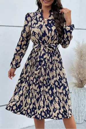 ELEGANT PATTERNED V NECK TIED WAIST DRESS Fresh Texture