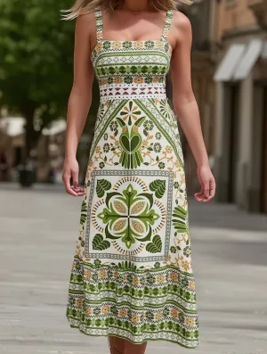 Ankle-length Cercal Bohemian Tropical Print Strappy Sundress ??Summer Vacation Maxi Dress