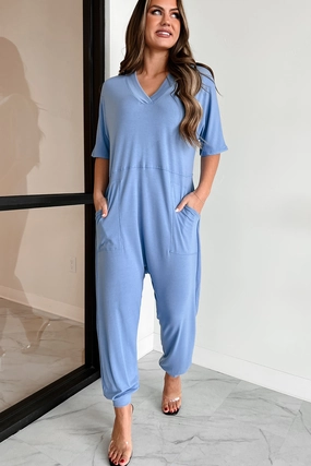 Tired Eyes Short Sleeve Slouchy Jumpsuit (Light Denim) Cute Touch