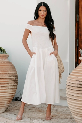 Street Elegance Elevated Decisions Off The Shoulder Smocked Midi Dress (Snow)