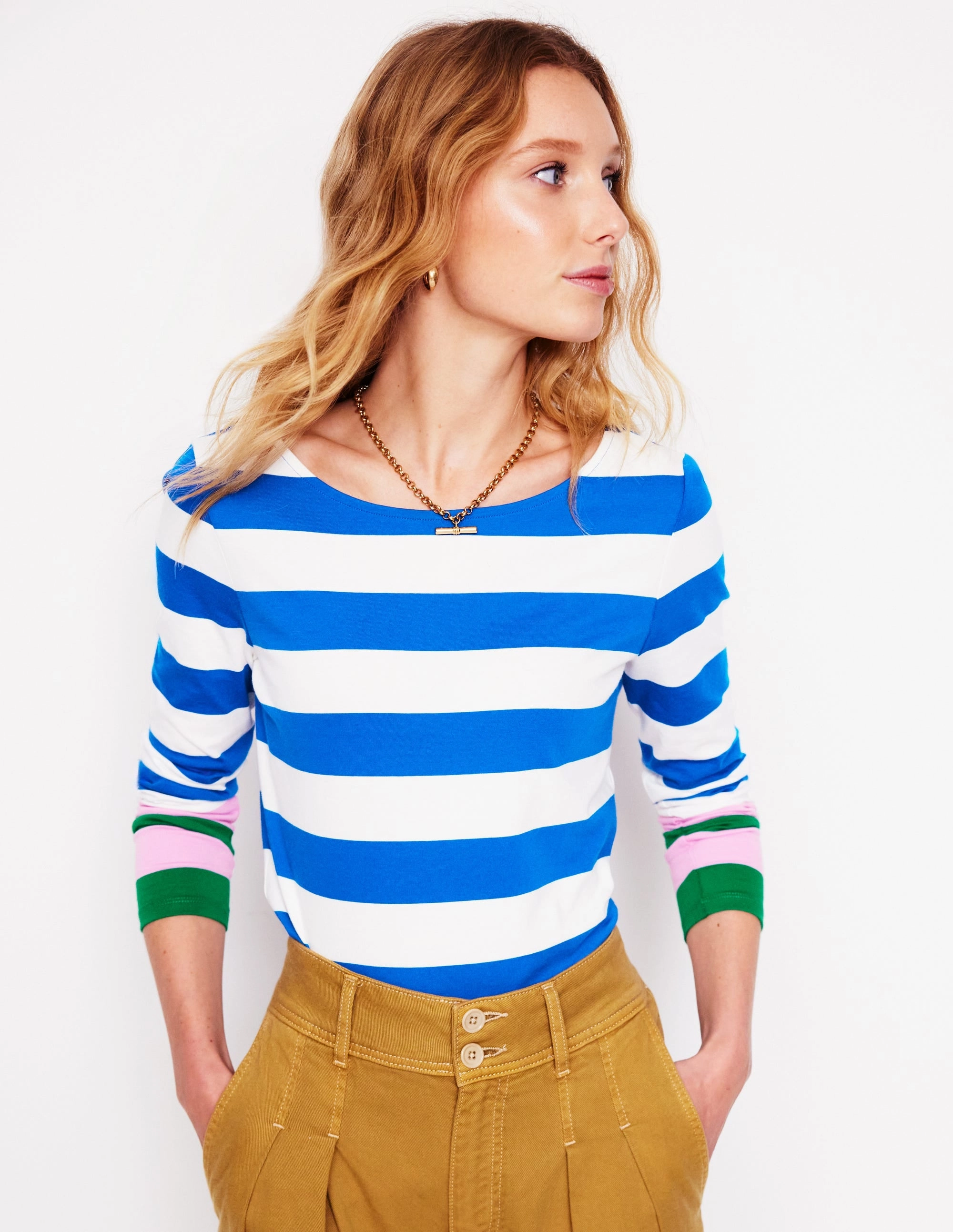 Subtle Texture Weave Ella Long Sleeve Breton-Gallery Blue, Emerald Cuff